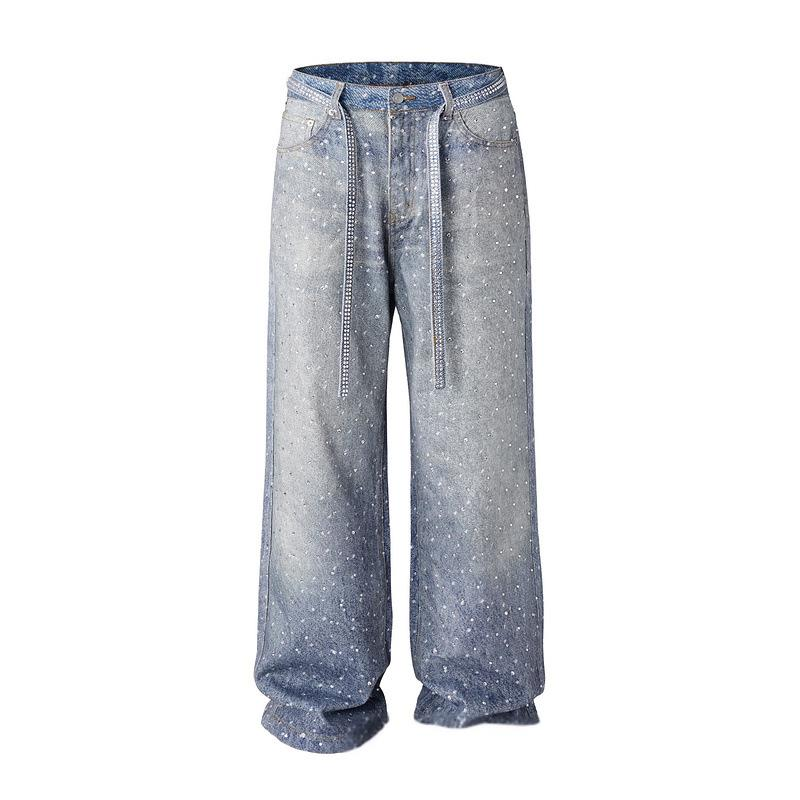 Women's Clothing Full Diamond Rhinestone Loose Straight Jeans Niche Floating Rope Belt Wide Leg Pants Trend_voghion.com