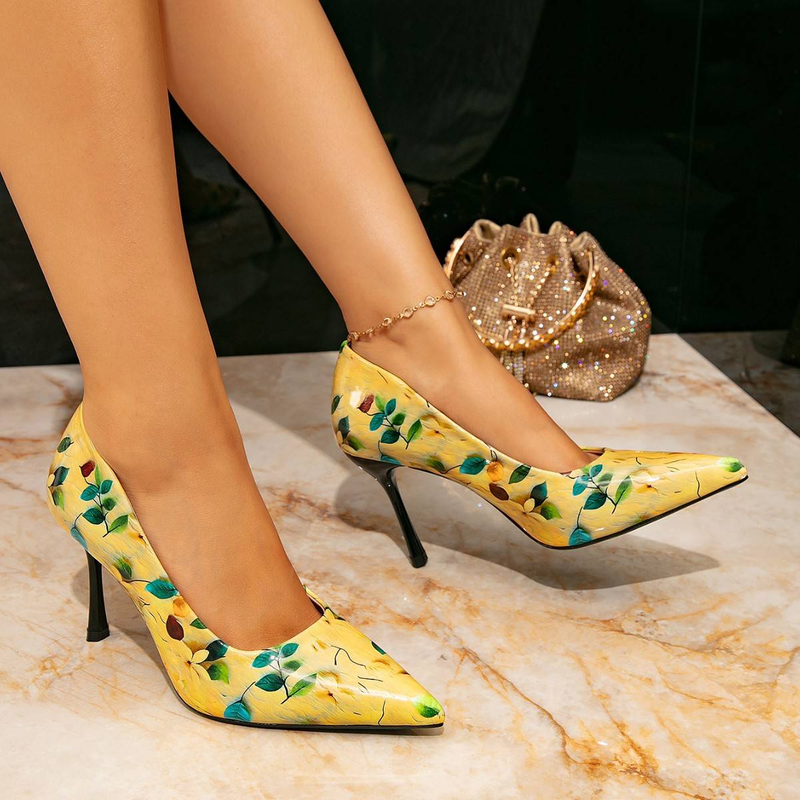 Damen High Heels Damen Modische Gelb Bedruckte Einfache Spitze Stiletto High Heels Einzelne Schuhe Damen_voghion.com