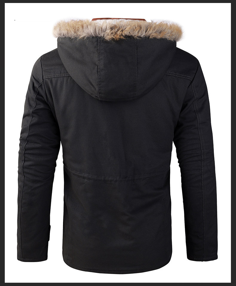 Jaqueta masculina com forro de lã e capuz - Casaco de inverno de comprimento médio, enchimento de poliéster quente, agasalho casual estiloso para homens (verde-exército, preto)_voghion.com