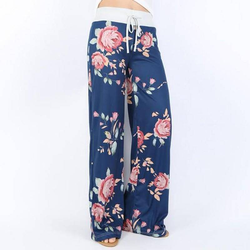 Plus Size Floral Print High Rise Drawstring Long Pants, Women's Plus Slight Stretch Loose Casual Pants_voghion.com