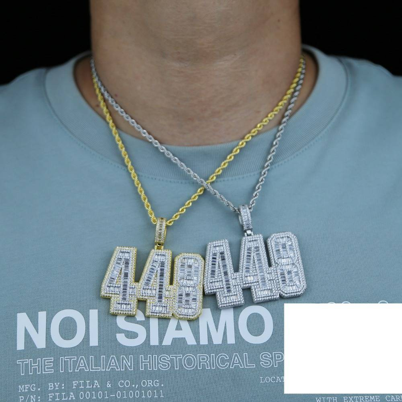 Men's Punk Style Hip Hop Pendant Necklace With Diamond Accents, 448 Number Design, Silver/Gold Plated Twist Chain, 61cm Length_voghion.com