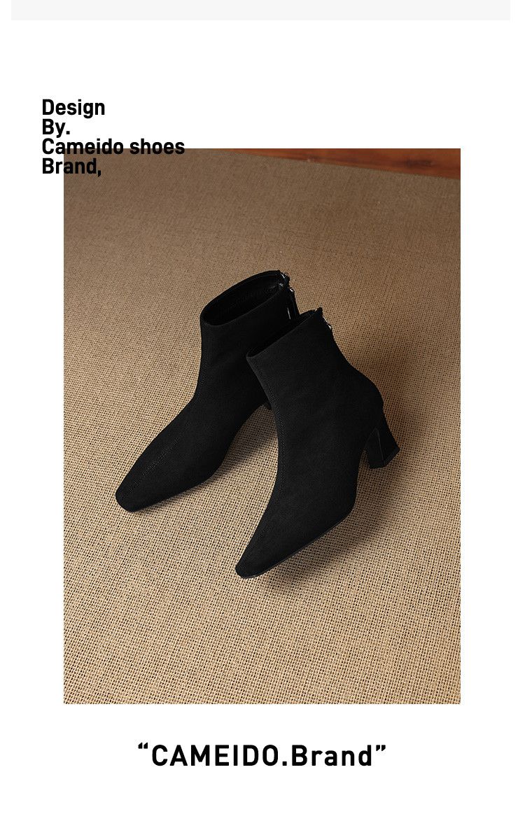 Cameido Women's French Style Suede Mid Heel Chunky Heel Slim Ankle Boots For Autumn And Winter_voghion.com