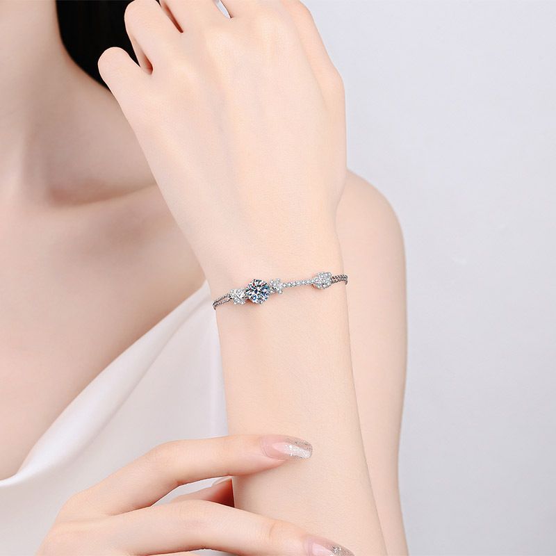 Bracciale da donna in argento puro con doppia catena push-pull e moissanite da 2 carati_voghion.com