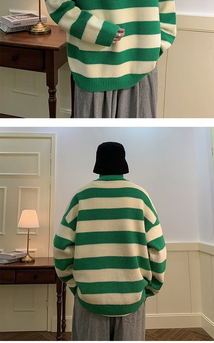 Maglione a collo alto a righe bianche e nere per uomo, stile retrò giapponese, pigro e di alta qualità. Maglione lavorato a maglia con inserti a contrasto_voghion.com