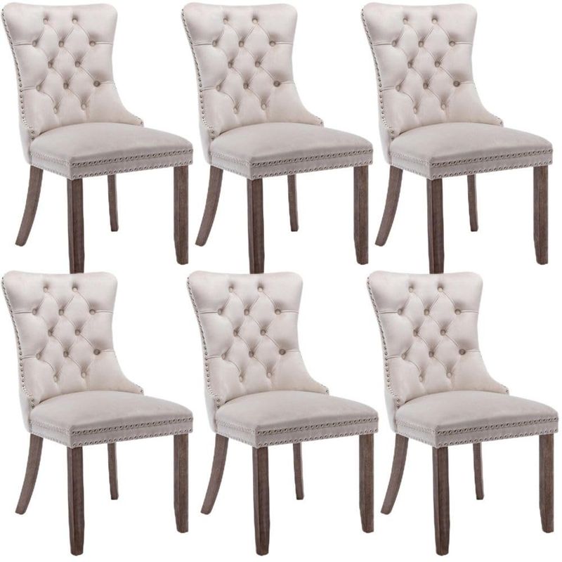 CREASION Set Of 2 Velvet Dining Chairs, Button Tufted With Wood Legs, Rivet Trim & Knocker Ring For Dining & Living Room_voghion.com