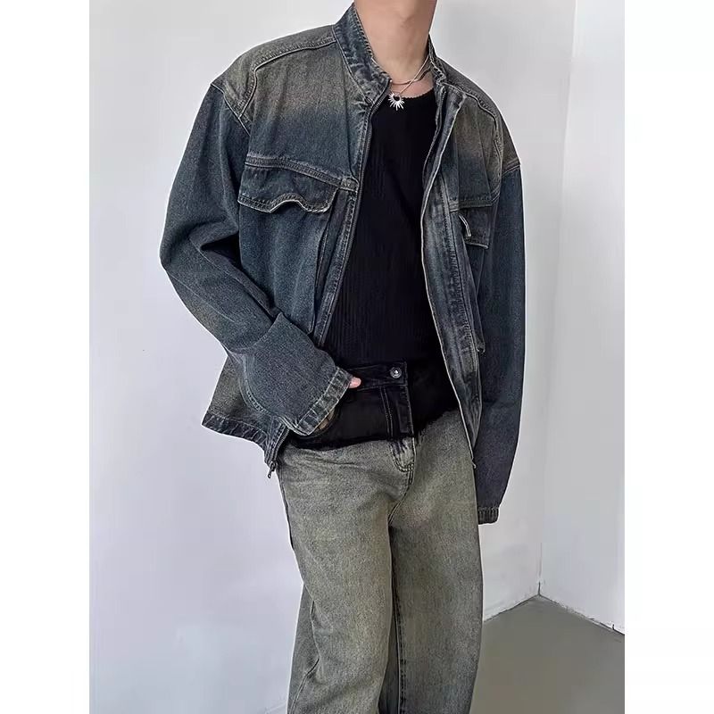 Blaue Vintage-Jeansjacke für Herren – Übergroßer Mantel mit Reißverschluss und Stehkragen (S-XXXL, 60 % Baumwolle, entspannte Passform, unverzichtbar für Hip-Hop-Streetwear)_voghion.com