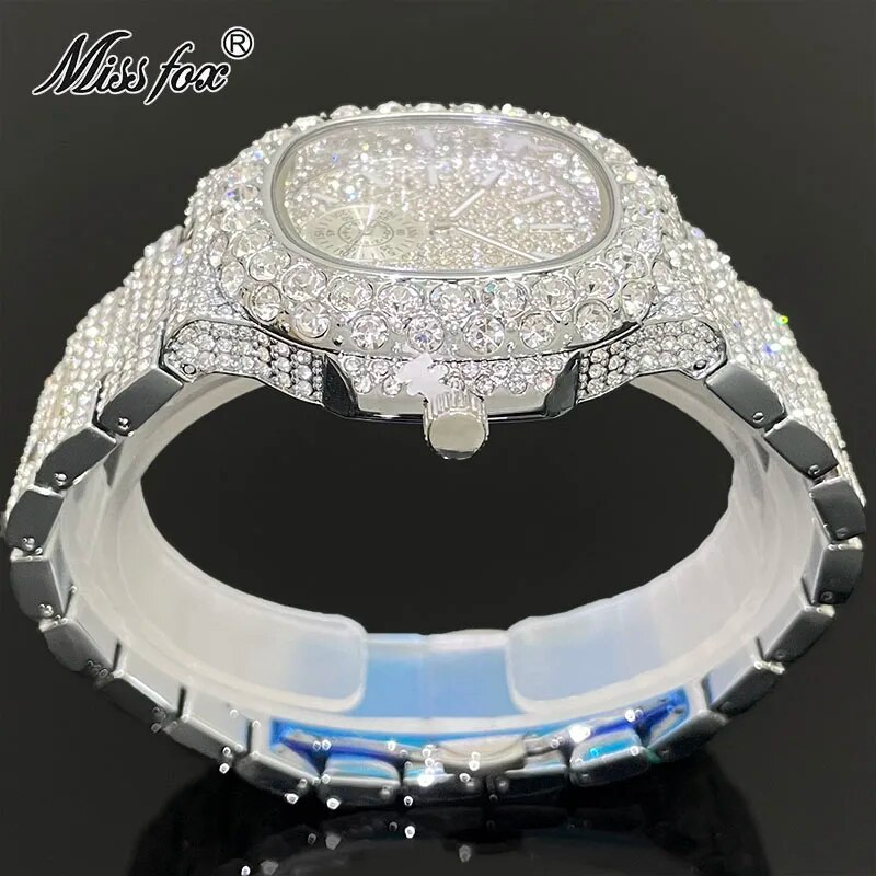 MISSFOX Ceasuri Bărbați Automatic Data Fashion Hip Hop Iced Diamond Bling Waterproof Gold Quartz Wrist Watch Mans Reloj 2023_voghion.com