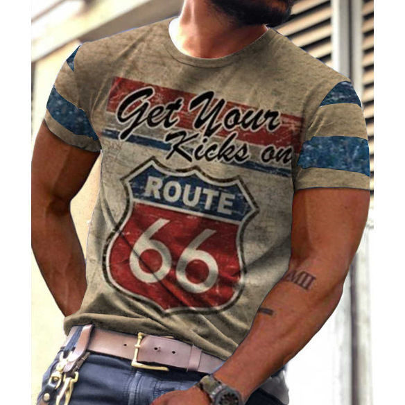 T-shirt da uomo girocollo casual alla moda stampata in 3D della nuova serie Route 66 estiva 2022_voghion.com
