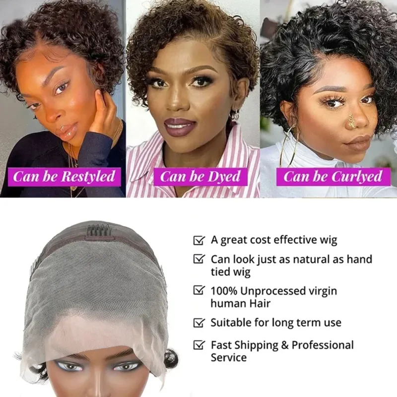 Kurze verworrene lockige Perücke aus menschlichem Haar mit Spitzenfront, Pixie-Schnitt, Perücke aus menschlichem Haar, 13 x 4 Spitzenfront, natürliche brasilianische Haarperücken für Frauen_voghion.com