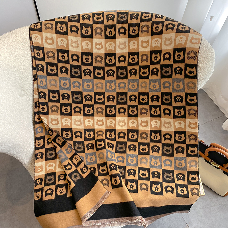 Sciarpa calda in cashmere alla moda coreana per le donne in inverno, sciarpa carina con gatto studentesco a doppia faccia,_voghion.com