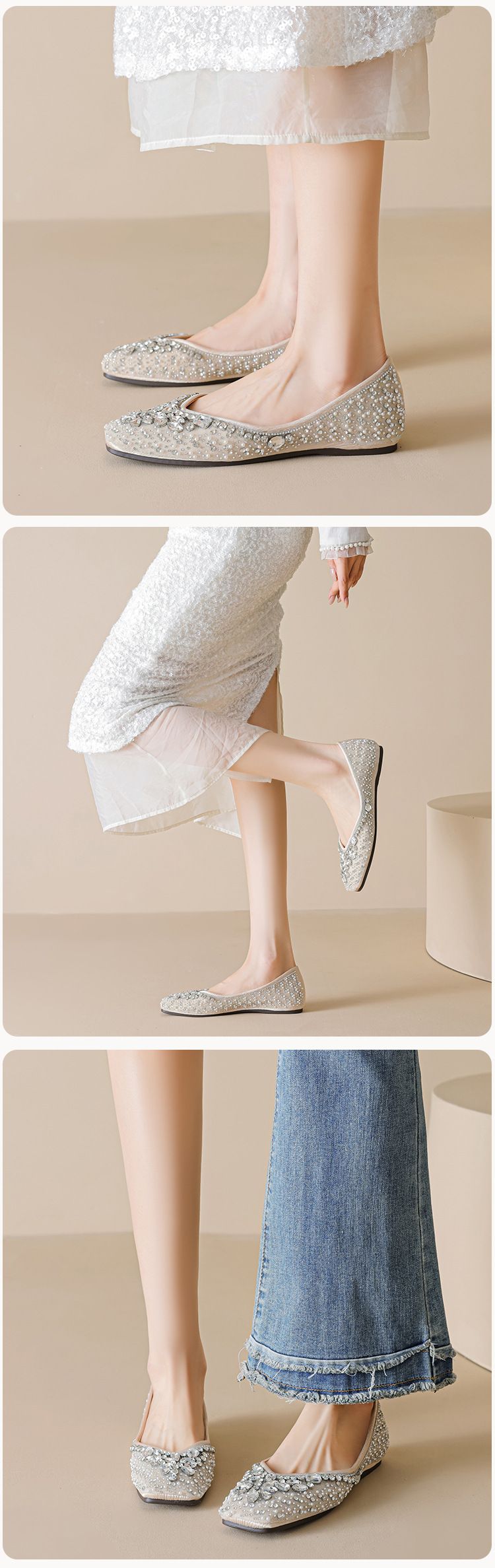 Scarpe singole con suola piatta e testa quadrata, gonna da donna con strass, scarpe da sposa, suola morbida, piedi non stanchi, scarpe Doudou_voghion.com
