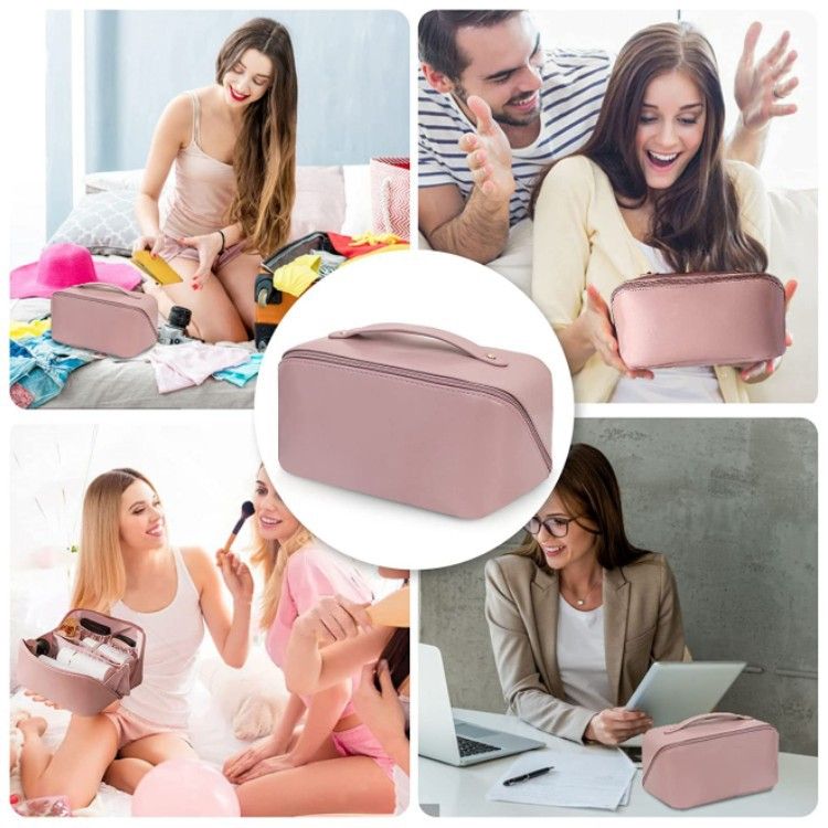 Large capacity travel makeup bag with PU leather waterproof carrying handle compartment multifunctional bag for makeup and toiletries_voghion.com