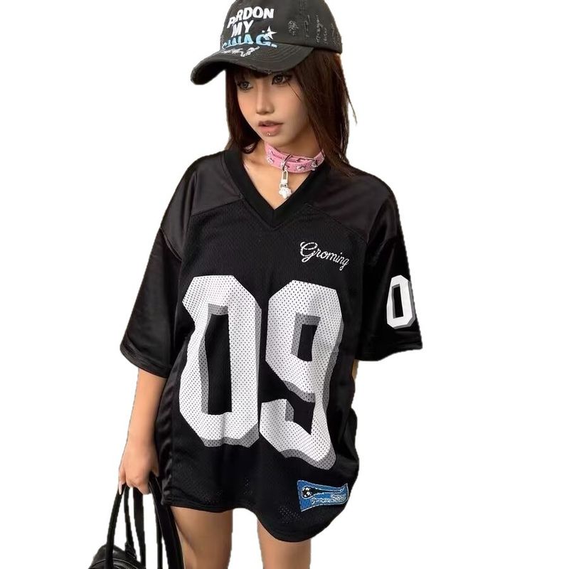 American Style Sorts Short T-Shirt For Women Summer Color Block Number Jersey Design V-Neck Mesh Hi-Ho Half Sleeve_voghion.com
