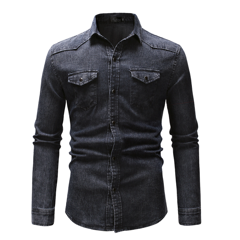 Herrenbekleidung Vintage einfaches Langarm-Jeanshemd Herrenhemd in Übergröße_voghion.com