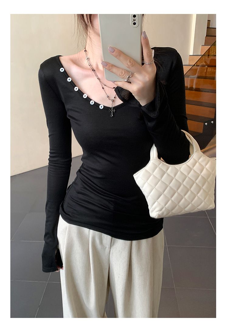 Camiseta feminina de manga comprida com decote em V e listras largas, estilo novo de outono, base de camada interna adelgaçante que aperta a cintura_voghion.com