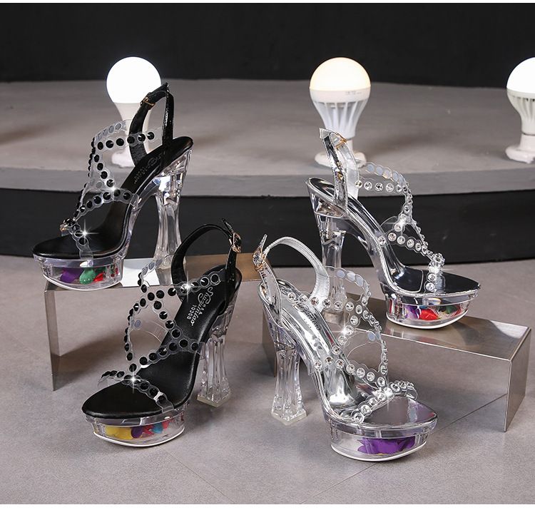 Sandali con tacco alto trasparenti da donna - Tacco spesso con plateau da 14 cm e strass, scarpe da gladiatore sexy estive_voghion.com