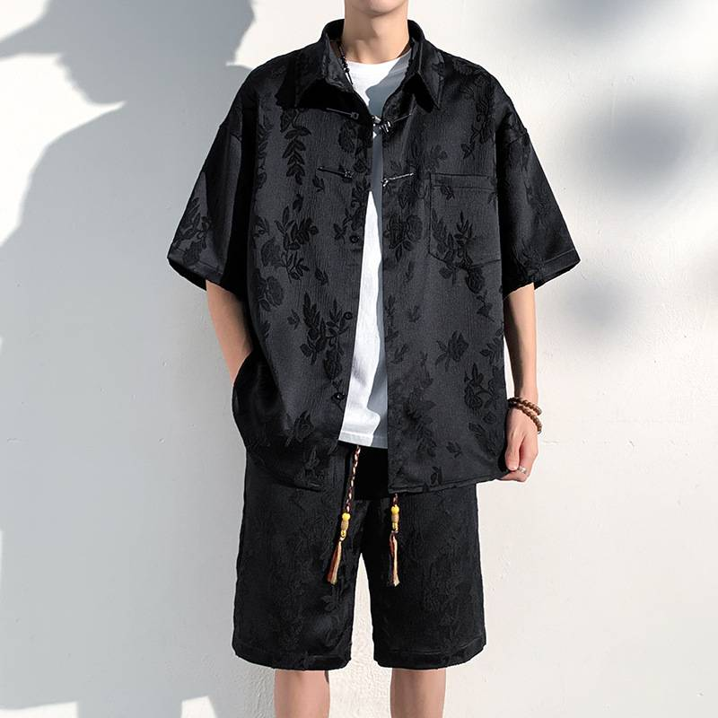 Traje de dos piezas de cinco puntos con cordón trenzado para hombre Traje holgado informal para hombre_voghion.com