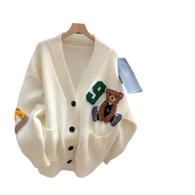 Vêtements pour femmes style collège pull col en V cardigan automne vêtements d'extérieur veste tricotée lâche paresseuse_voghion.com