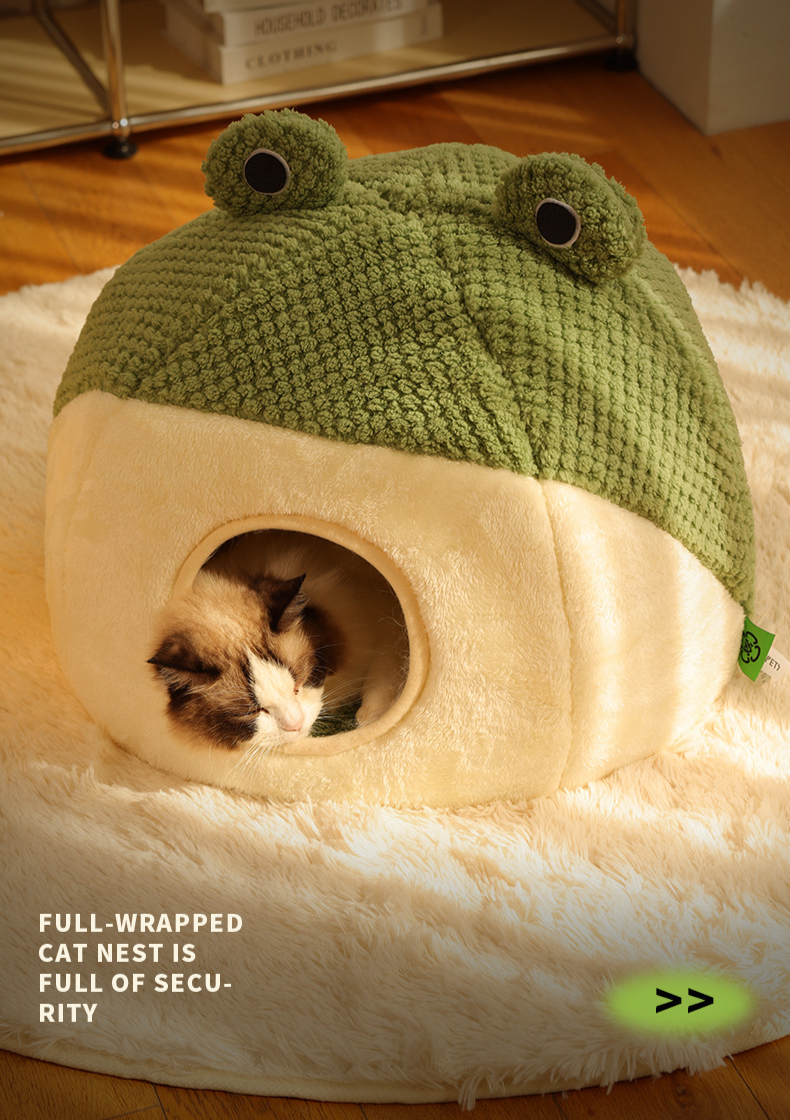 Nido per gatti con piccola rana, semi-chiuso, caldo in peluche per autunno e inverno, nido per cani_voghion.com