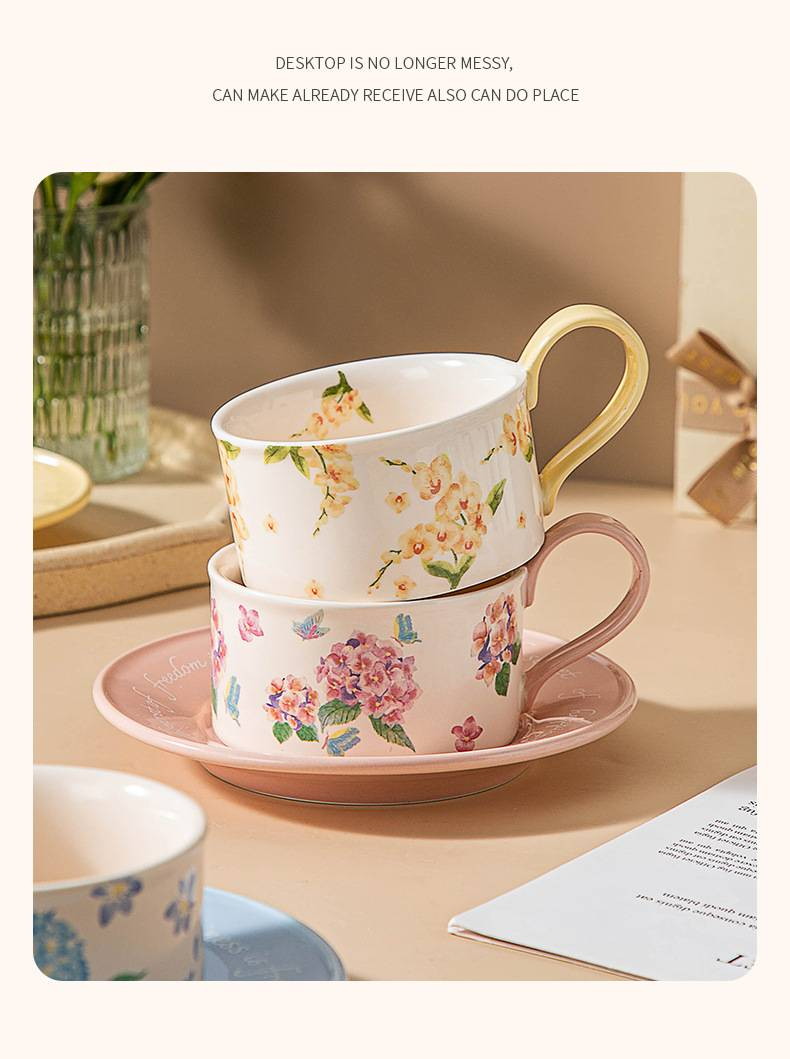 Originalt blomstermønster keramisk kaffekop kontor hjem eftermiddagste kaffekop og underkop sæt_voghion.com