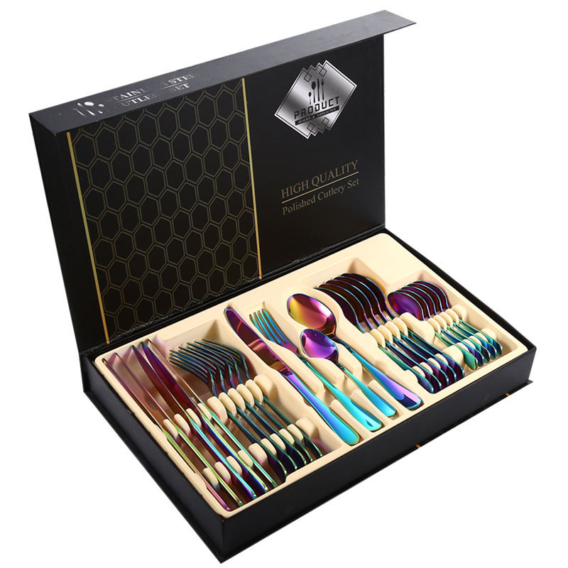 Juego de cubiertos de acero inoxidable 1010 de 24 piezas: cuchillos para carne, tenedores y cucharas (colección de cubiertos en caja de regalo)_voghion.com