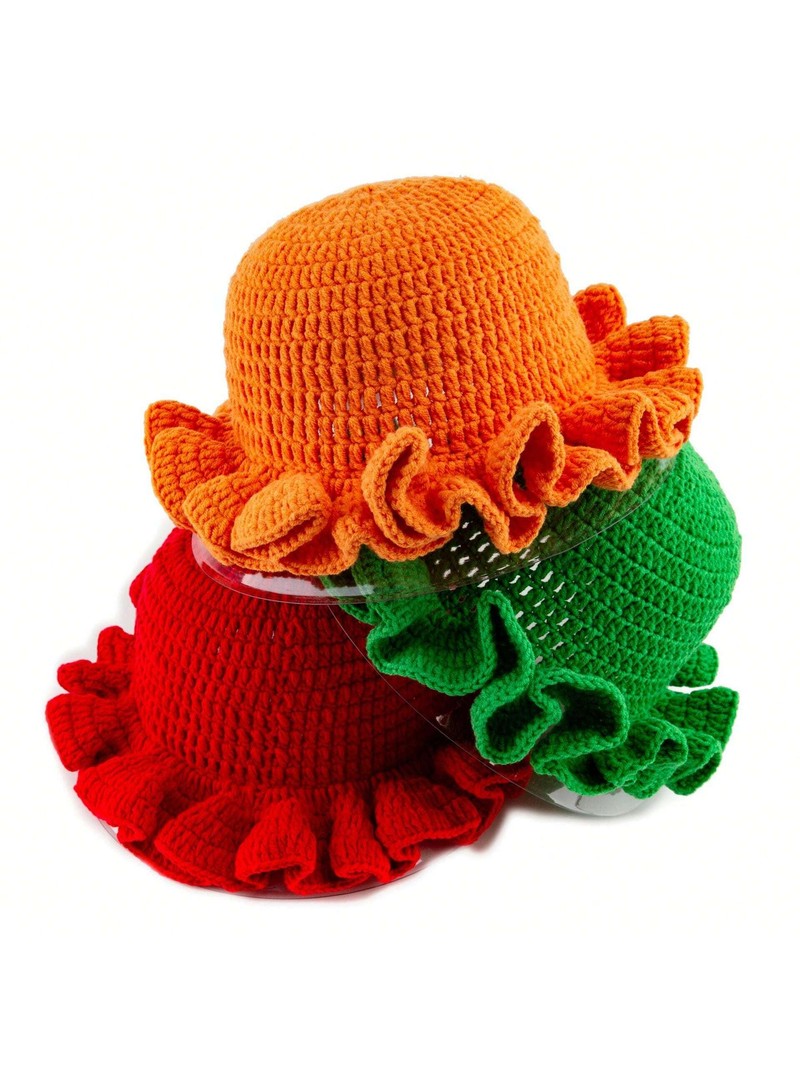 Solid Color Hand Woven Knitted Hat Bohemian Style Hollowed Out Pleated Hat, Bamboo Hat, Ruffled Edge Pullover Hat_voghion.com