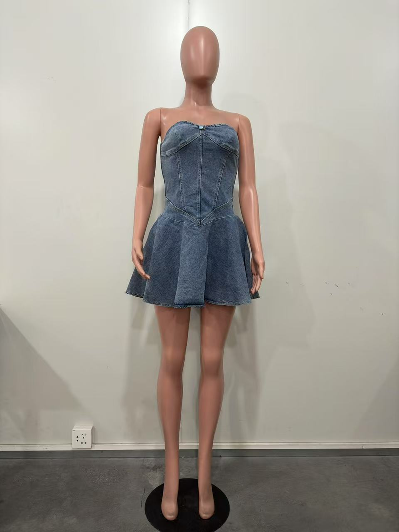 Mini abito a trapezio sexy da ragazza hot in denim senza maniche alla moda transfrontaliera_voghion.com