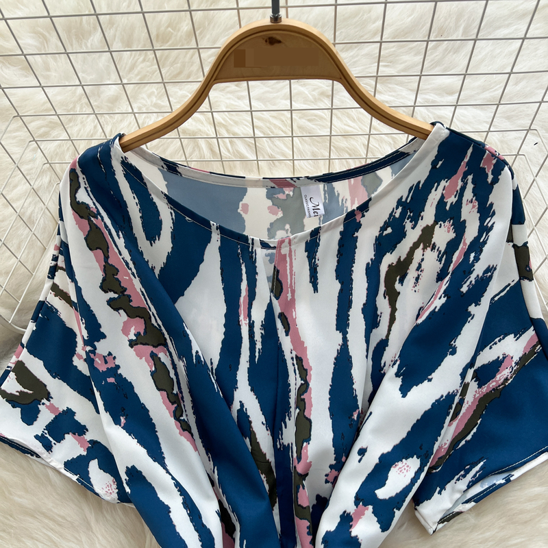 Women's Clothing Two Piece Suit Cross Waist Round Neck Short Sleeves Printed Top High Waist Casual Wide Leg Pants_voghion.com