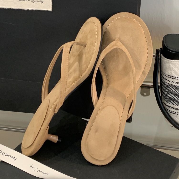 Damen-Sommer-Flip-Flops für draußen, eleganter Wildleder-Feen-Stil mit einzigartigem Design und kleinem Katzenabsatz_voghion.com
