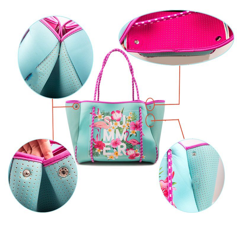 Tauchstoff Strandtasch, bedréckte Flamingo Handtasche, Outdoor Picknick Fraen Handtasche mat grousser Kapazitéit_voghion.com