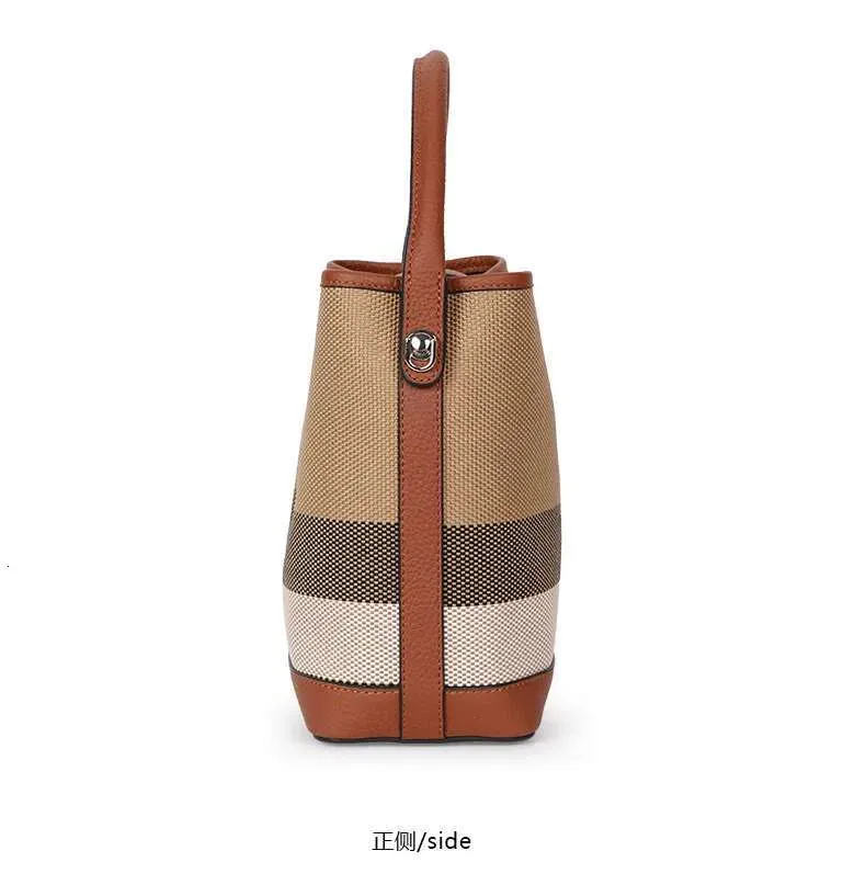 Nuova borsa a tracolla da donna in tela abbinata a pelle di mucca, borsa a secchiello alla moda con motivo scozzese_voghion.com