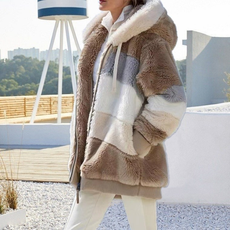 Autumn and winter warm plush patchwork zipper pocket hooded loose coat for women_voghion.com