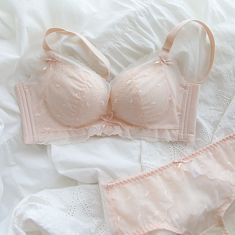Mädchenhaft, sanft und cool ~ Französischer Stil Herzspitze Push-up-BH-Set für kleine Oberweite, kabellos, Modal, für Damen_voghion.com