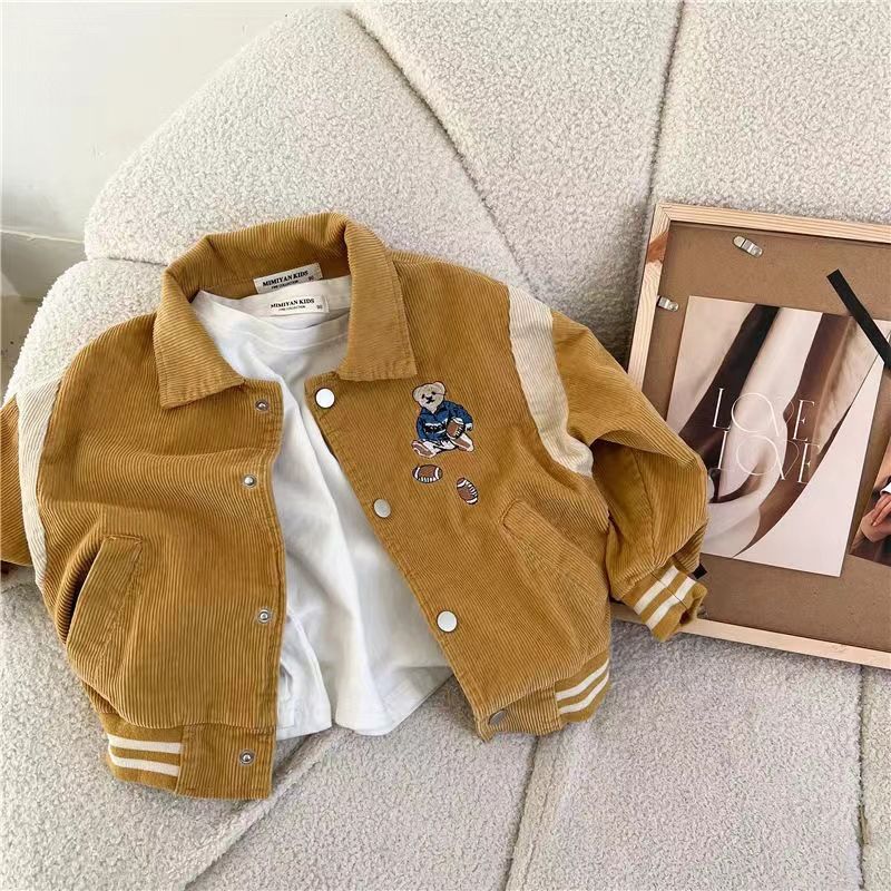 Chaqueta de béisbol para niño (primavera y otoño 2024), de pana, con cuello cuadrado, para niños pequeños y medianos, elegante chaqueta de color contrastante._voghion.com