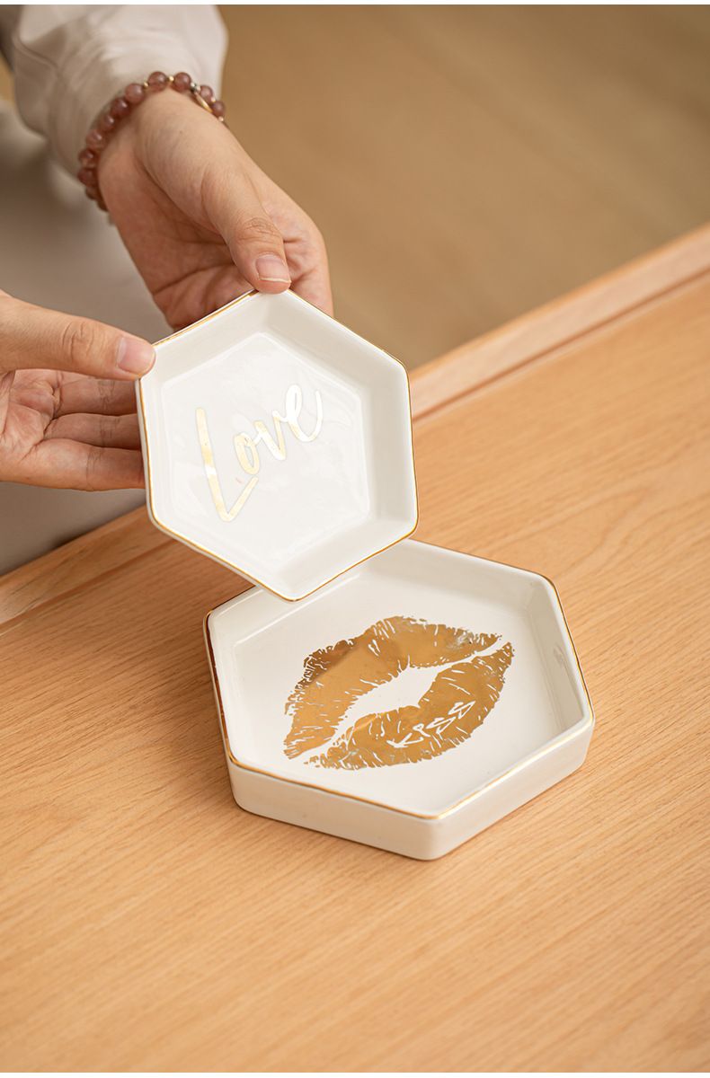 Home Decoration Hexagonal Ceramic Tray Fruit Tray Jewelry Tray Gold Edge Text Pattern Jewelry Storage_voghion.com