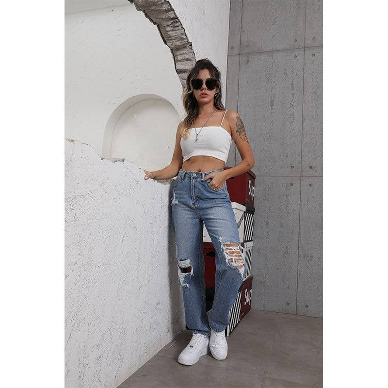 Women's Clothing Street Straight Pants Ripped Thin Light Blue Pants_voghion.com