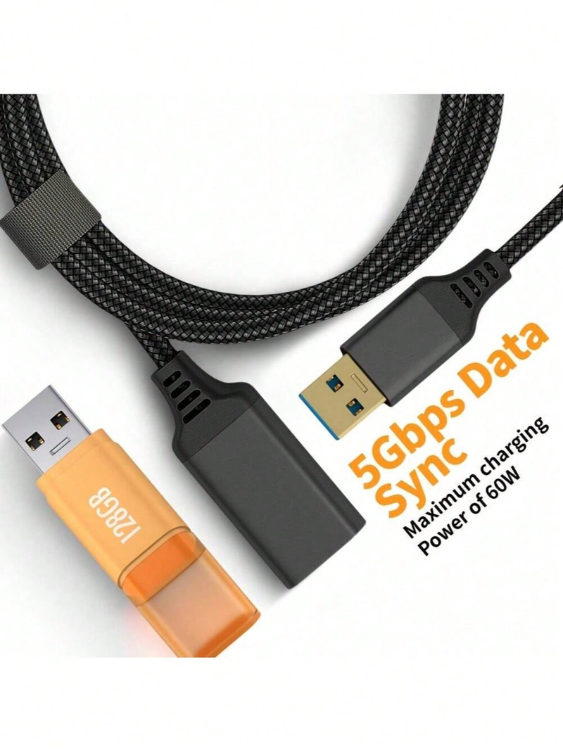 1pc Durable Nylon Braided USB 3.0 Extension Cable, 3.3FT, Type A Male To Female, 5Gbps High-Speed_voghion.com
