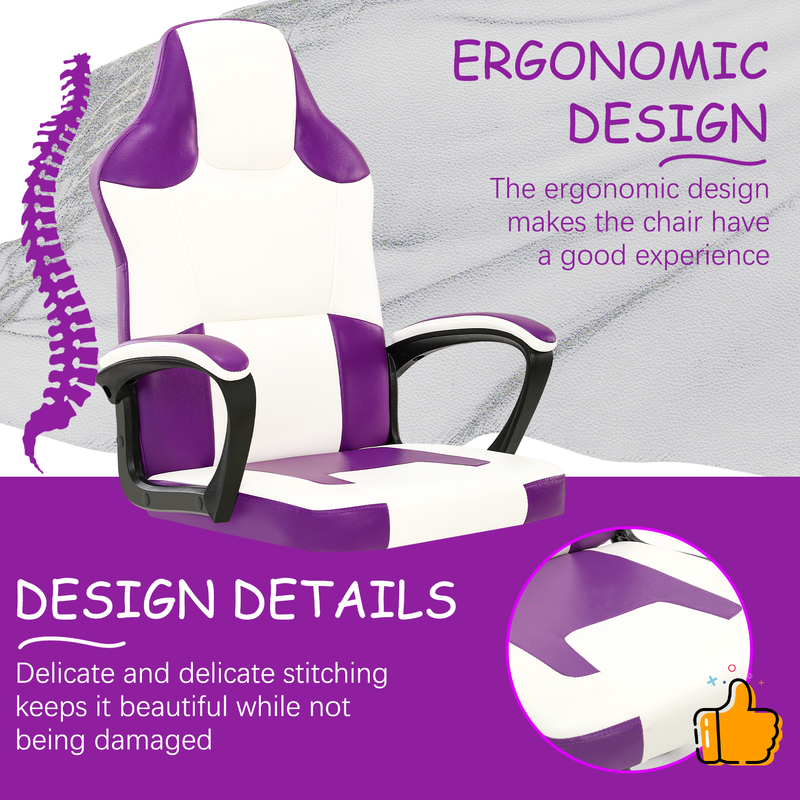 Gaming-Stuhl mit ergonomischem Design, hochelastischem Schwamm, PU-Leder, leisen Rädern, verstellbar, bequem, für Jugendliche und Erwachsene, Lila_voghion.com