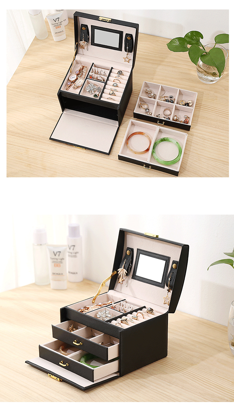 Elegant 3-Tier PU Leather Jewelry Box With Dual Drawers - Princess-Style Jewelry Organizer For Necklaces, Rings & Earrings_voghion.com