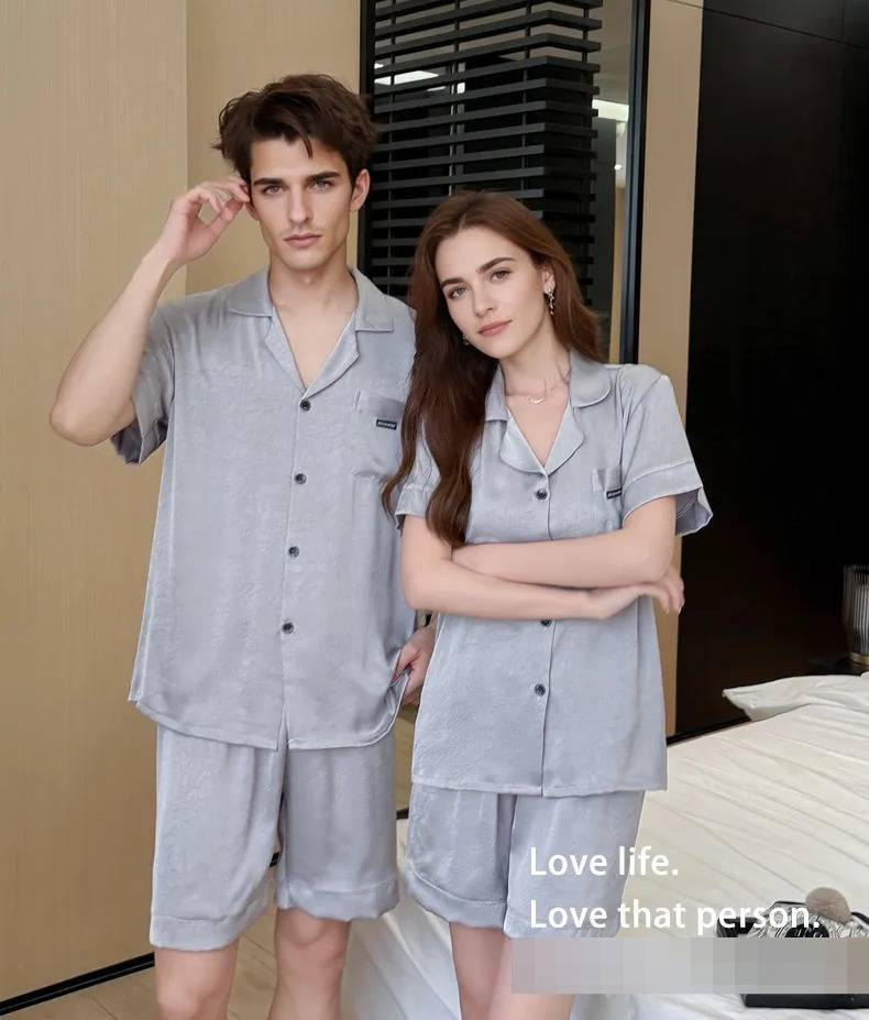 Acetic Acid Ice Silk Couple's Pamas, Women's Style, Summer Short-sleeved, Simple Jacquard, Large Size, Men's Cool-feel,_voghion.com