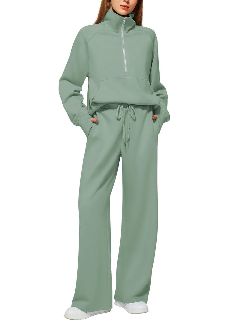 2025 Women's Two-Piece Oversized Half-Zip Sweatshirt Wide-Leg Sweatpants Casual Set_voghion.com
