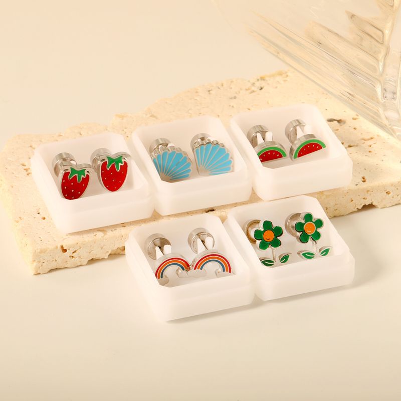 Orecchini a bottone in acciaio inossidabile con motivo a arcobaleno e frutta, dal design unico per le donne_voghion.com