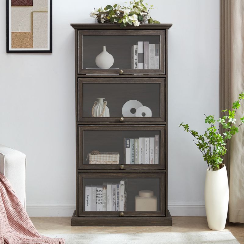 Glass Display Cabinet 4 Tier Glass Display Cabinet Storage Curio Cabinet With Flip Up Glass Doors, Collectors Showcase Toy Figure Organizers Rack, Bookcase For Living Room BRO_voghion.com