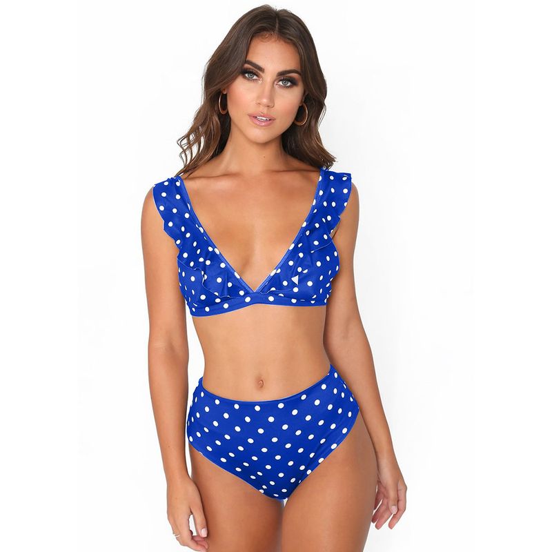 2024 Ruffle Edge Deep V Bikini Black And White Wave Dot Printed Sexy Swimsuit_voghion.com