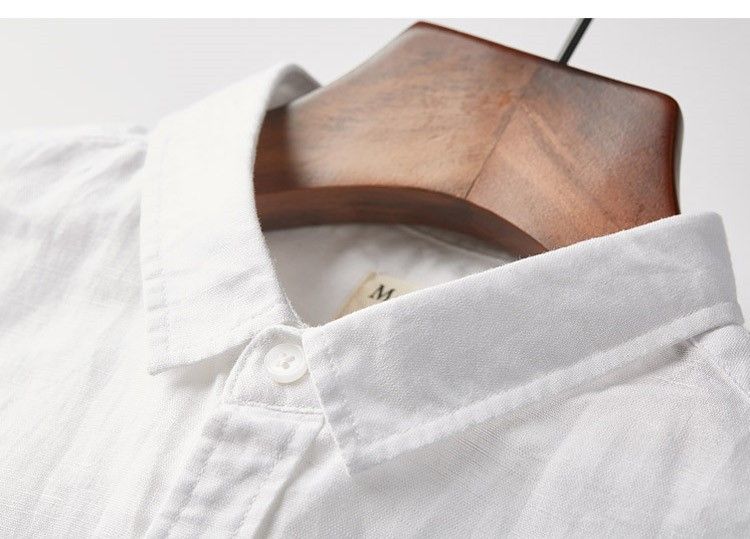Herrenbekleidung Sommer Casual Square Collar Leinen Kurzarmhemd Dünn Atmungsaktiv Lose Große Größe Baumwolle Und Leinen Weißes Hemd_voghion.com