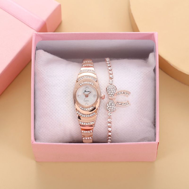 Diamond studded small dial thin strap personalized trendy steel strap quartz watch + bracelet (2pcs/set)_voghion.com