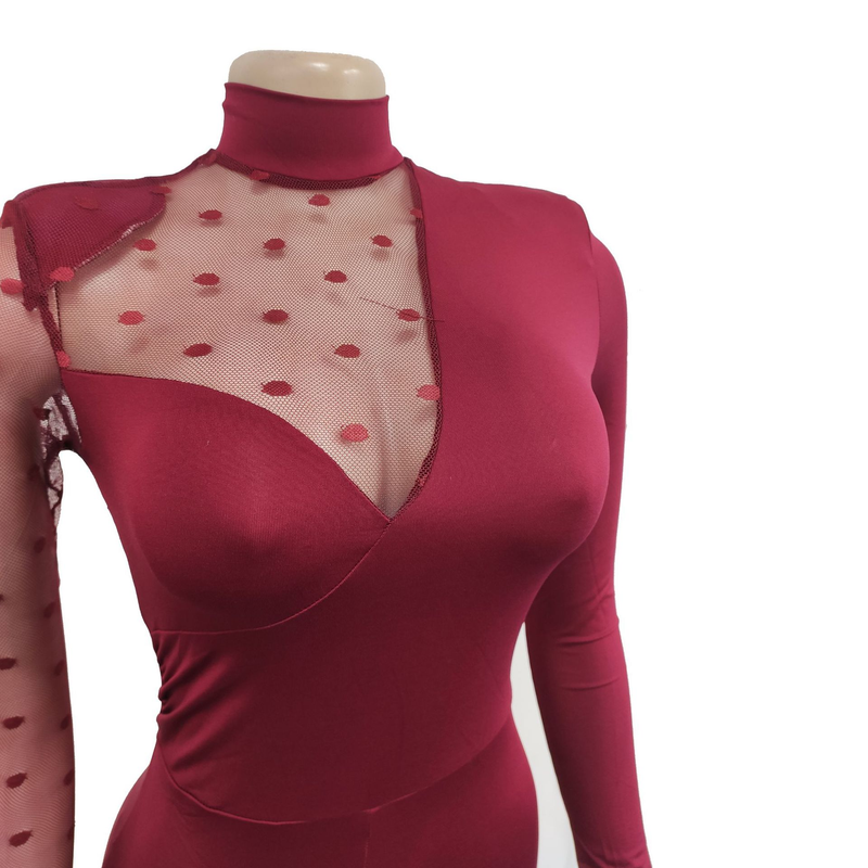 Women's Clothing fashion women's polka dot mesh see-through long-sleeved trousers solid color jumpsuit_voghion.com
