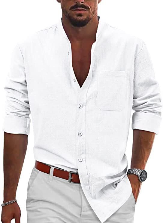Herren Bestseller Freizeit Schnalle Langarm Baumwolle Leinen Hemd Strand Freizeit_voghion.com