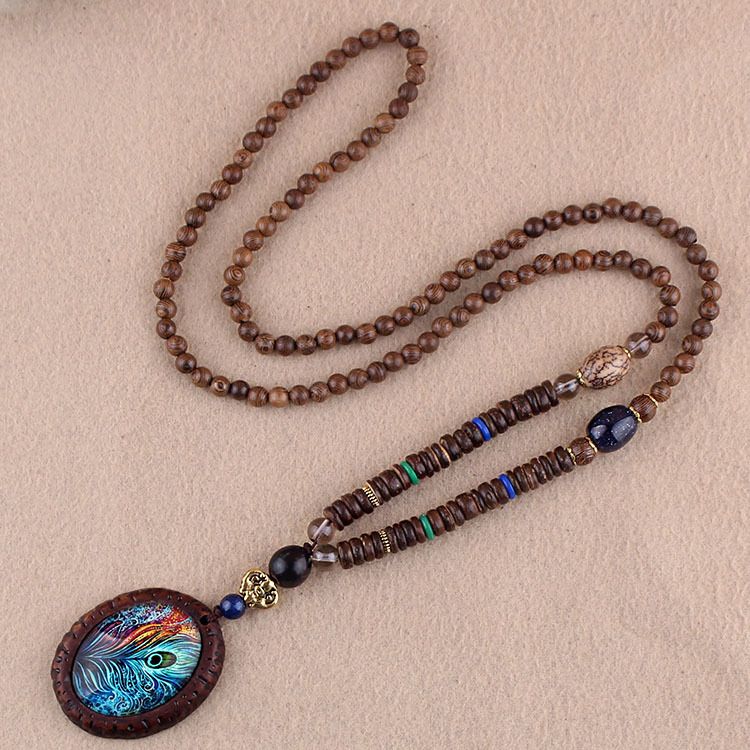Collana lunga per maglione in stile etnico, ciondolo Bodhi, collana con perline di legno, accessori con ciondolo in cotone e lino per uomo e donna_voghion.com