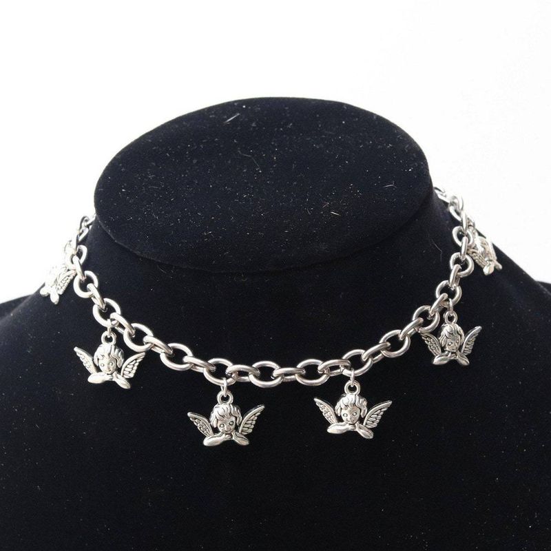 Hot Sale Punk Thick Chain Angel Pendant Necklace Vintage Silver Metal Chain Geometric Choker Necklace Fashion Jewelry_voghion.com